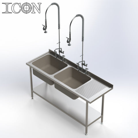 Double Bowl, Right Hand Drainer Catering Sink