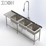 Triple Bowl, Left Hand Drainer Catering Sink