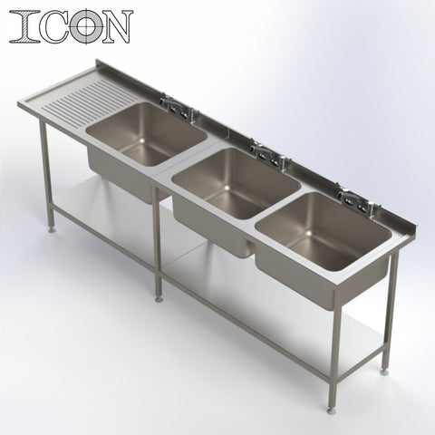 Triple Bowl, Left Hand Drainer Catering Sink