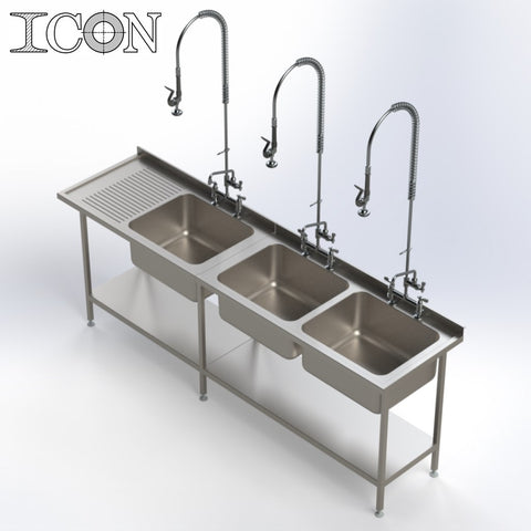 Triple Bowl, Left Hand Drainer Catering Sink