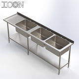 Triple Bowl, Left Hand Drainer Catering Sink