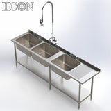 Triple Bowl, Right Hand Drainer Catering Sink