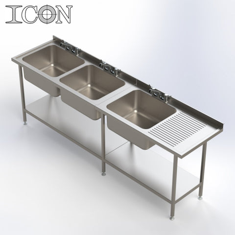 Triple Bowl, Right Hand Drainer Catering Sink