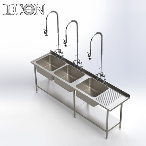 Triple Bowl, Right Hand Drainer Catering Sink