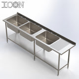 Triple Bowl, Right Hand Drainer Catering Sink